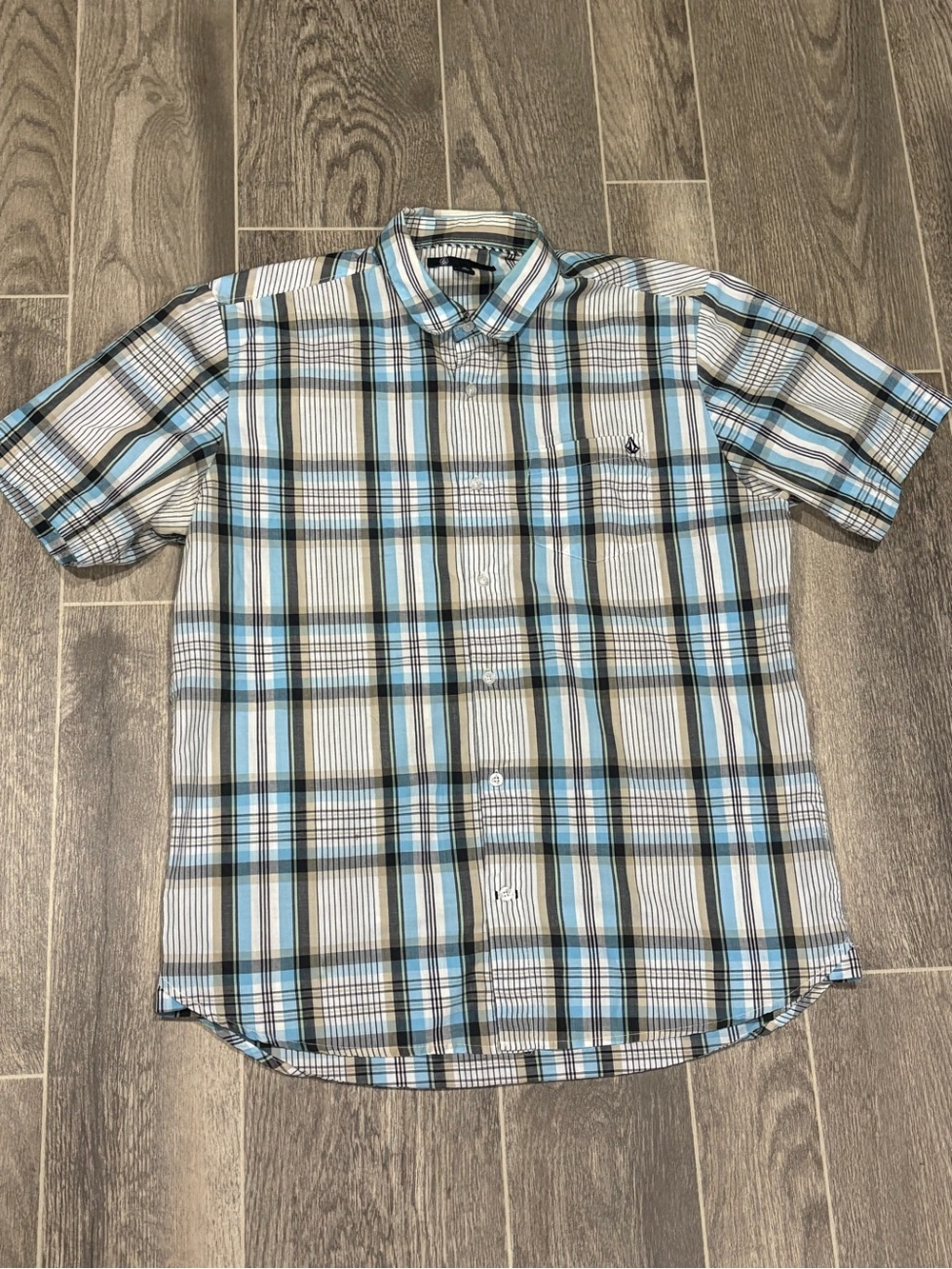 Volcom Light Blue, White & Brown Plaid Short-Sleeve Button-Up Shirt
